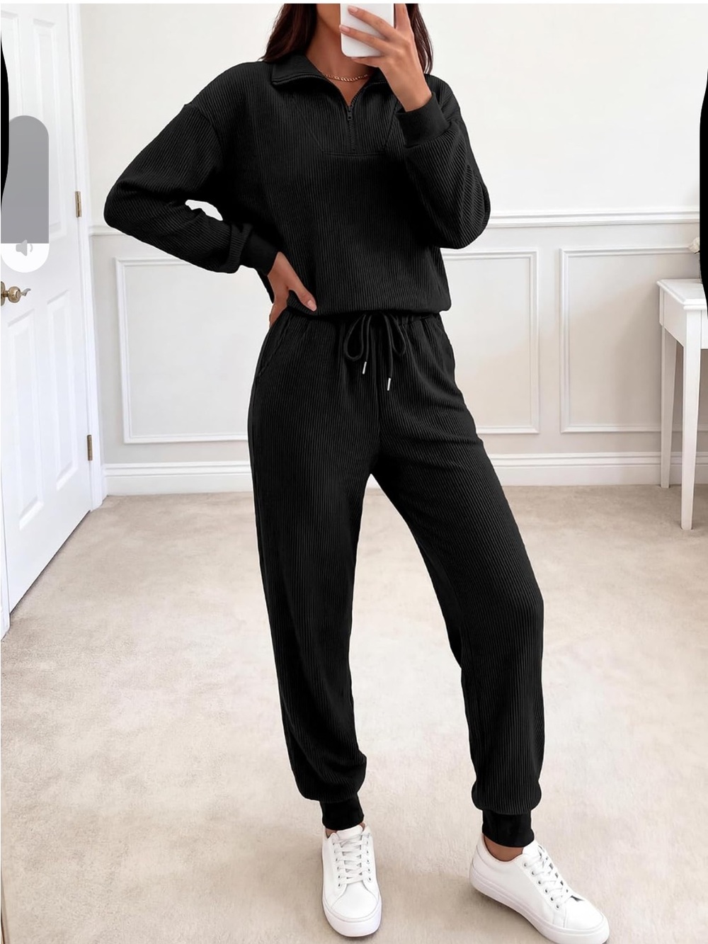 Women’s Black Ribbed Drawstring Jogger Set